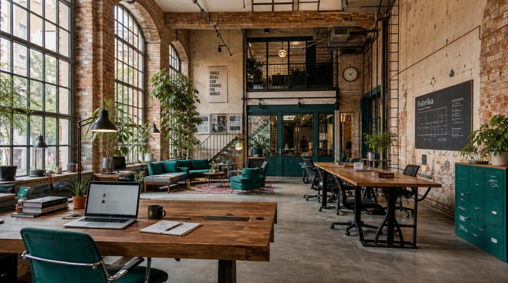 Interior of a converted-factory coworking loft in the style of Fabrika, exposed brick walls,