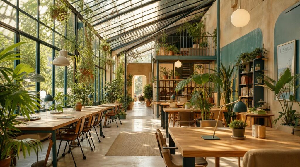 Interior of a plant-filled coworking space with large windows, wooden desks, and warm natural light, loosely inspired by Lisbon's greenhouse-style
