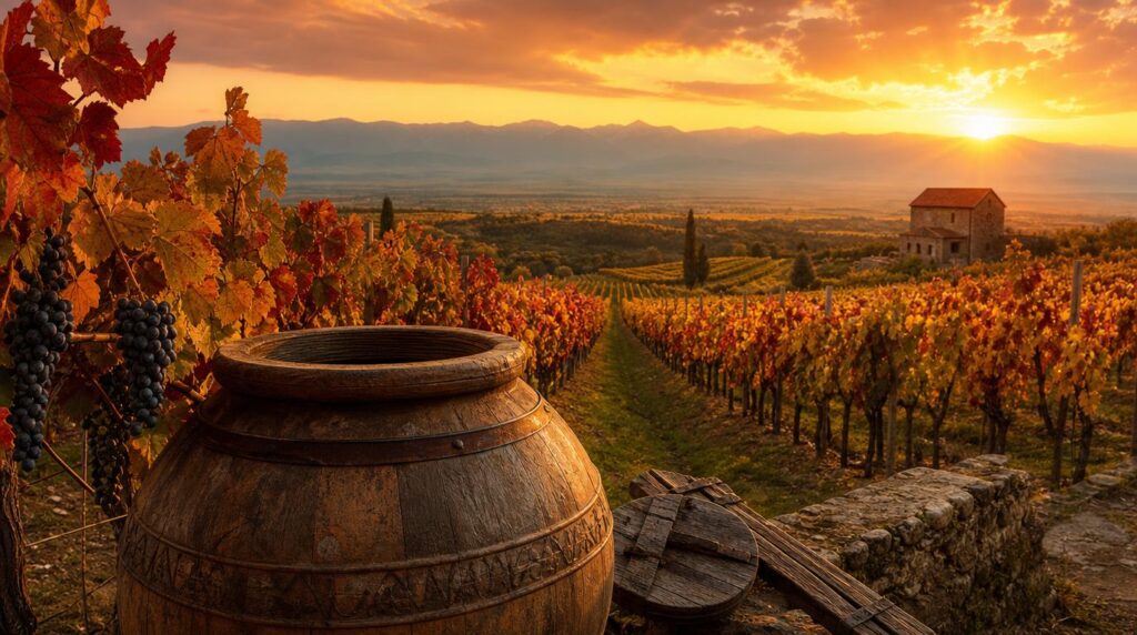 Kakheti vineyard in autumn harvest light, rows of grapevines heavy with fruit stretching
