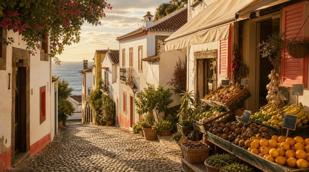 Narrow cobblestone street in a small Madeiran coastal village, whitewashed houses with coral-painted