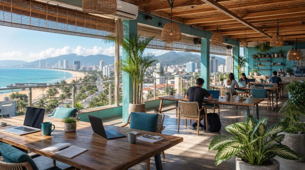 Open-plan rooftop coworking space overlooking the Da Nang coastline, a handful of laptops and coffee cups