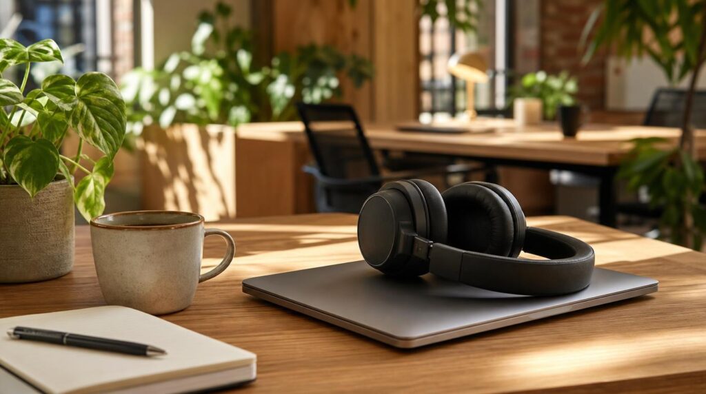 Over-ear headphones resting on a laptop at a sunlit coworking table, plants
