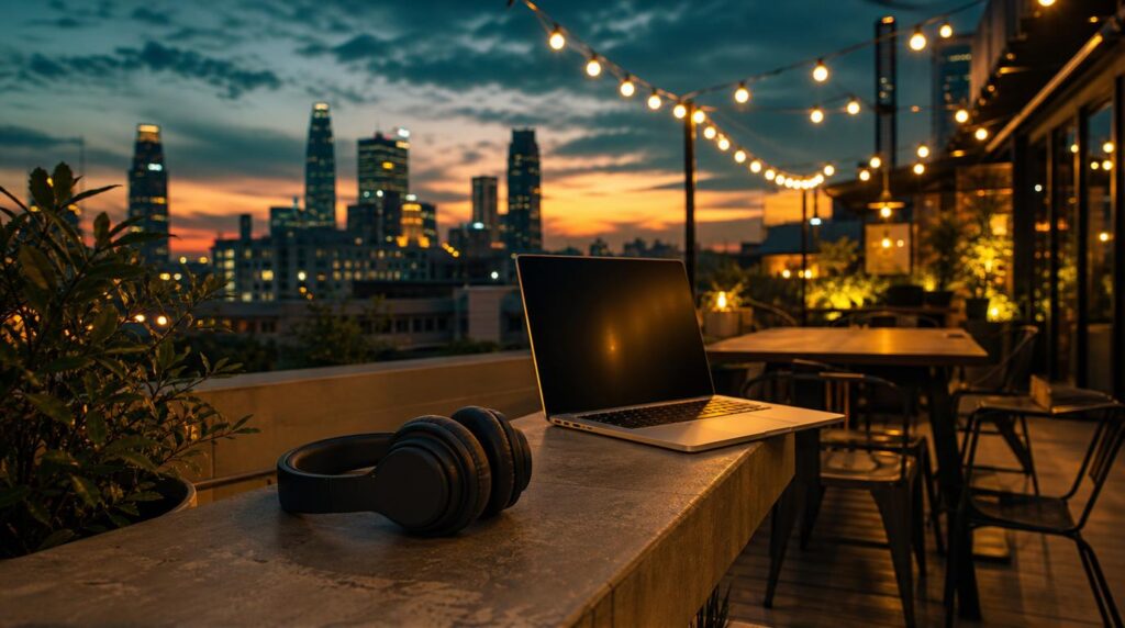 Over-ear headphones resting on the ledge of a rooftop coworking terrace at dusk, an open laptop