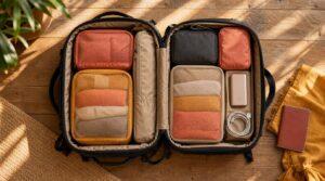 Overhead flat-lay of an open travel backpack on sunlit wooden floorboards, contents organized into fabric