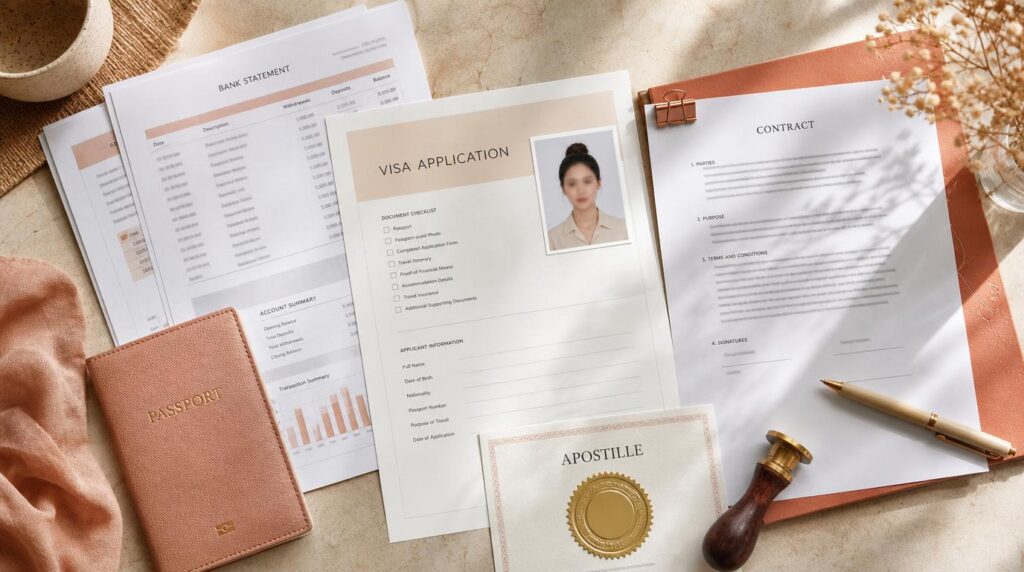 Overhead flat-lay of visa application documents spread on a table