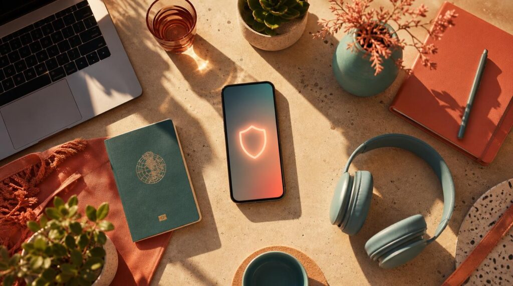 Overhead shot of a co-working table at golden hour, a phone lying face-up with a soft glowing
