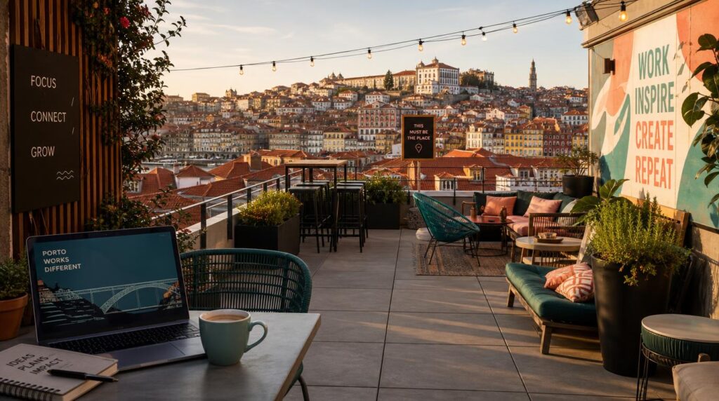 Rooftop coworking terrace overlooking red-tiled Porto rooftops, a small table with an open laptop and coffee cup
