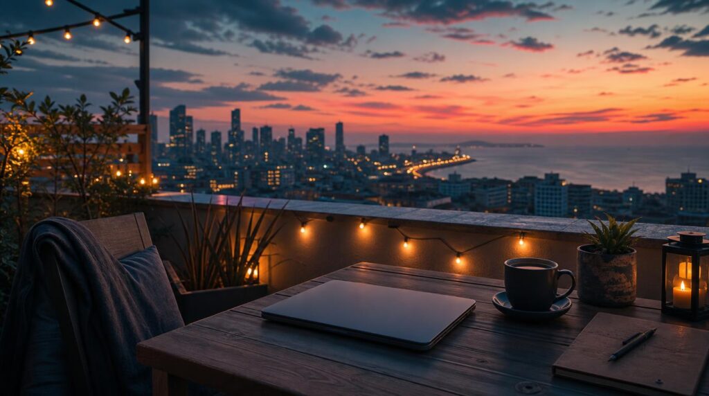 Rooftop workspace at dusk overlooking a coastal city skyline, a closed laptop on