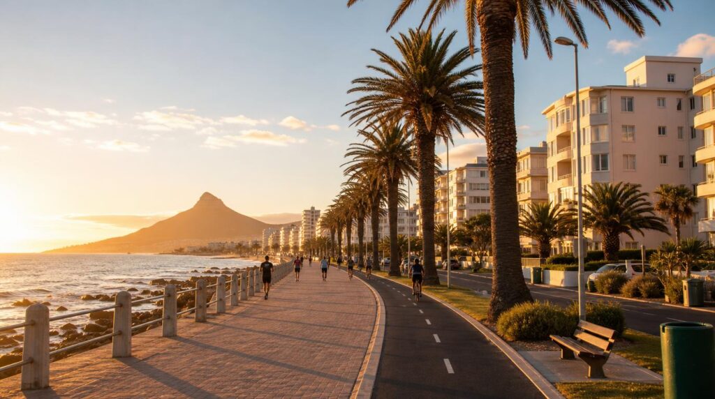 Sea Point promenade in late afternoon light, palm trees lining a wide seaside walkway