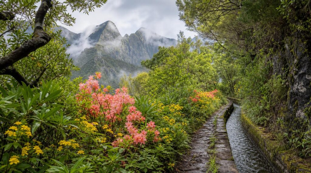 Spring hiking scene on a Madeira levada trail, lush green laurel forest with wildflowers in coral
