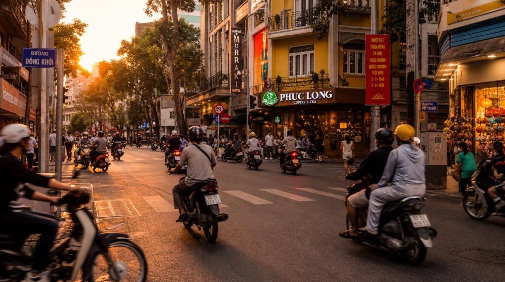 Street-level scene in District 1 at golden hour, motorbikes crossing an intersection, colorful shopfronts and hanging signage,