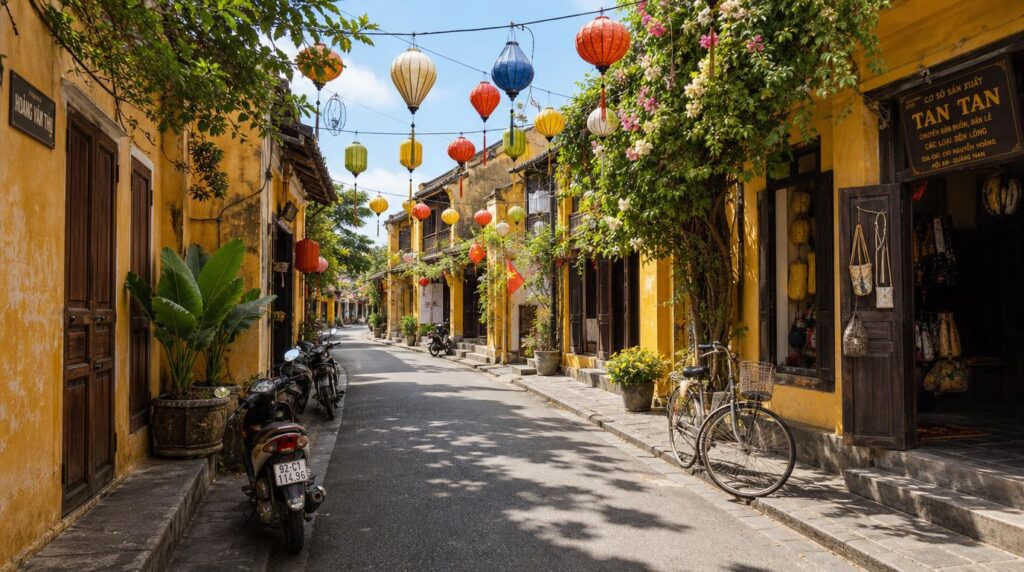 Street-level scene in Hoi An's Old Town at midday, narrow lane lined with yellow ochre shopfronts, a couple of parked motorbikes