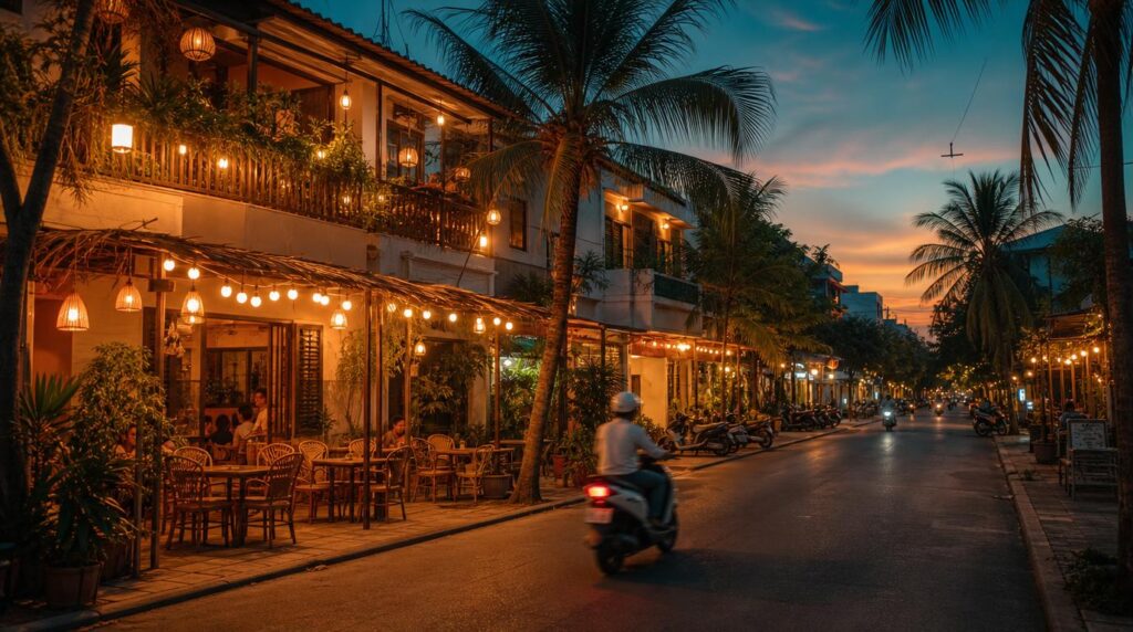 Street-level scene in the An Thuong neighborhood at dusk, low-rise cafes and shopfronts with warm string lights