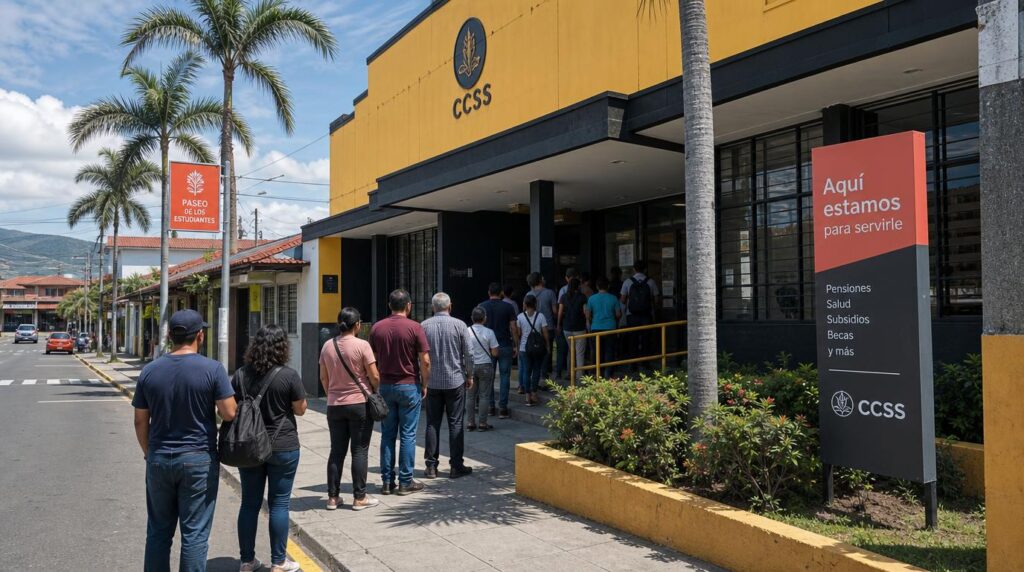 Street-level scene of a modest government or bank building exterior in a Costa Rican town
