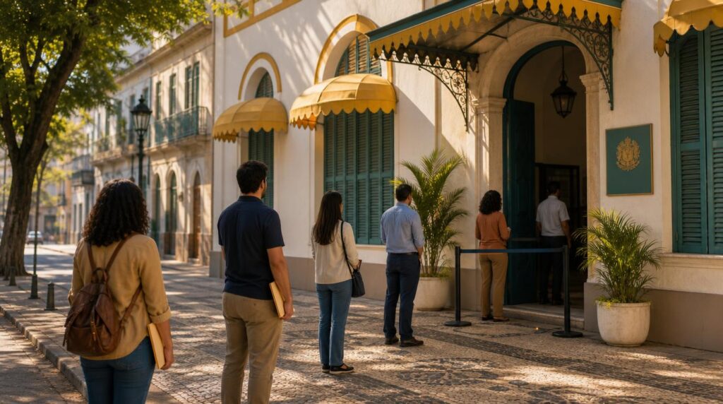 Street-level scene outside a Brazilian government building or consulate