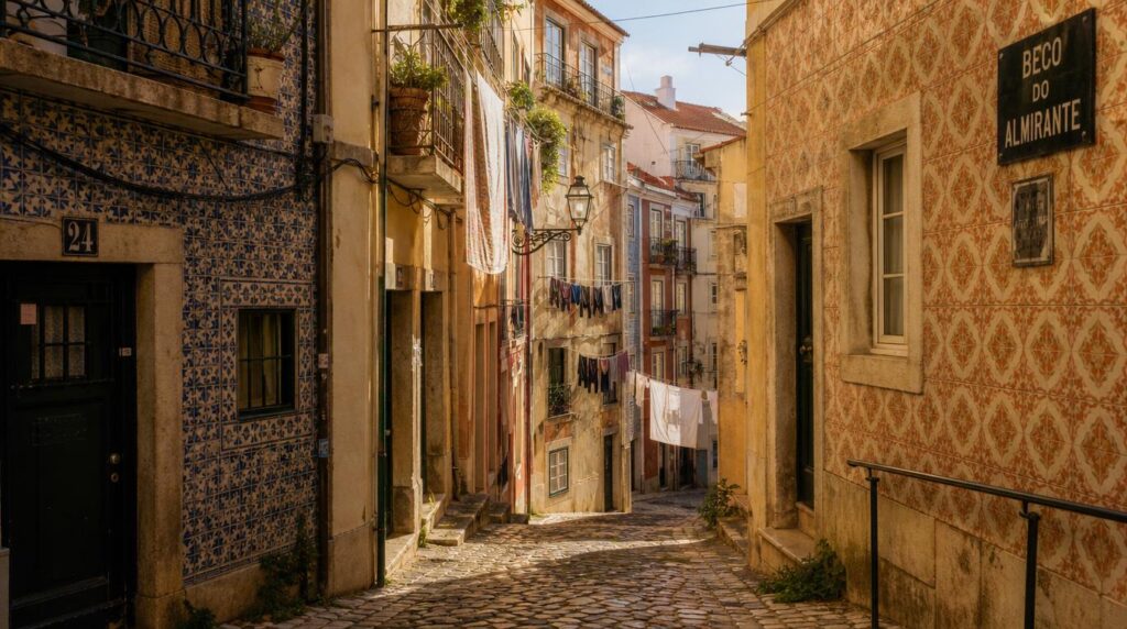Street-level shot of a narrow Lisbon Alfama alley, traditional azulejo-tiled building facades in warm sand and terracotta tones,