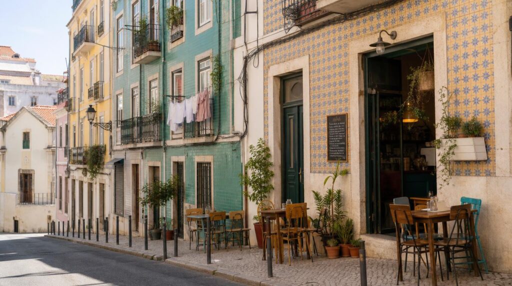 Street-level view of a colorful Arroios or Príncipe Real block, tiled building facades in warm sand and teal tones, small local café with outdoor seating