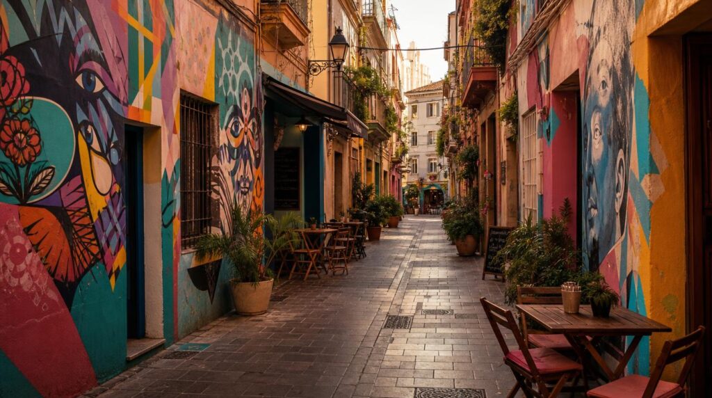 Street scene in Soho, Malaga, colorful mural-covered walls, a narrow pedestrian street with cafe tables,
