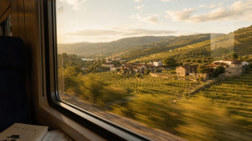 View from a train window seat traveling through the Portuguese countryside between Porto and Lisbon,