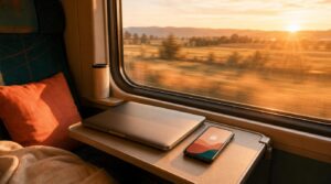 Warm, sunlit view from a train window seat, a closed laptop and a phone resting on the fold-down tray table,