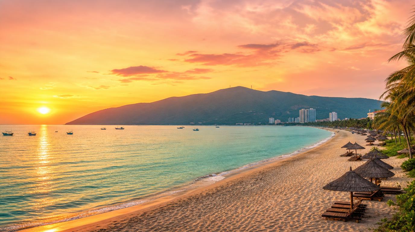 Wide golden-hour landscape shot of My Khe Beach curving toward the Son Tra Peninsula, calm turquoise-teal water meeting warm sand