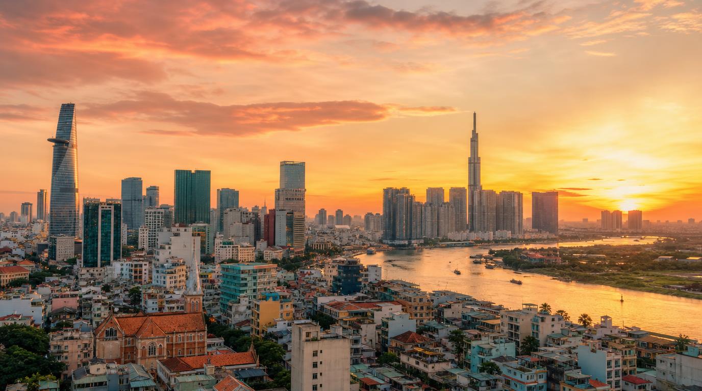 Wide golden-hour skyline shot of Ho Chi Minh City, the Bitexco Financial Tower and Landmark 81 visible above a dense