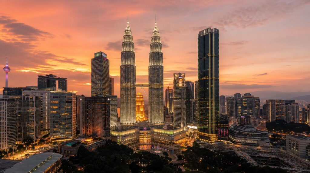 Wide golden-hour skyline shot of Kuala Lumpur's Petronas Towers from a distance, warm coral