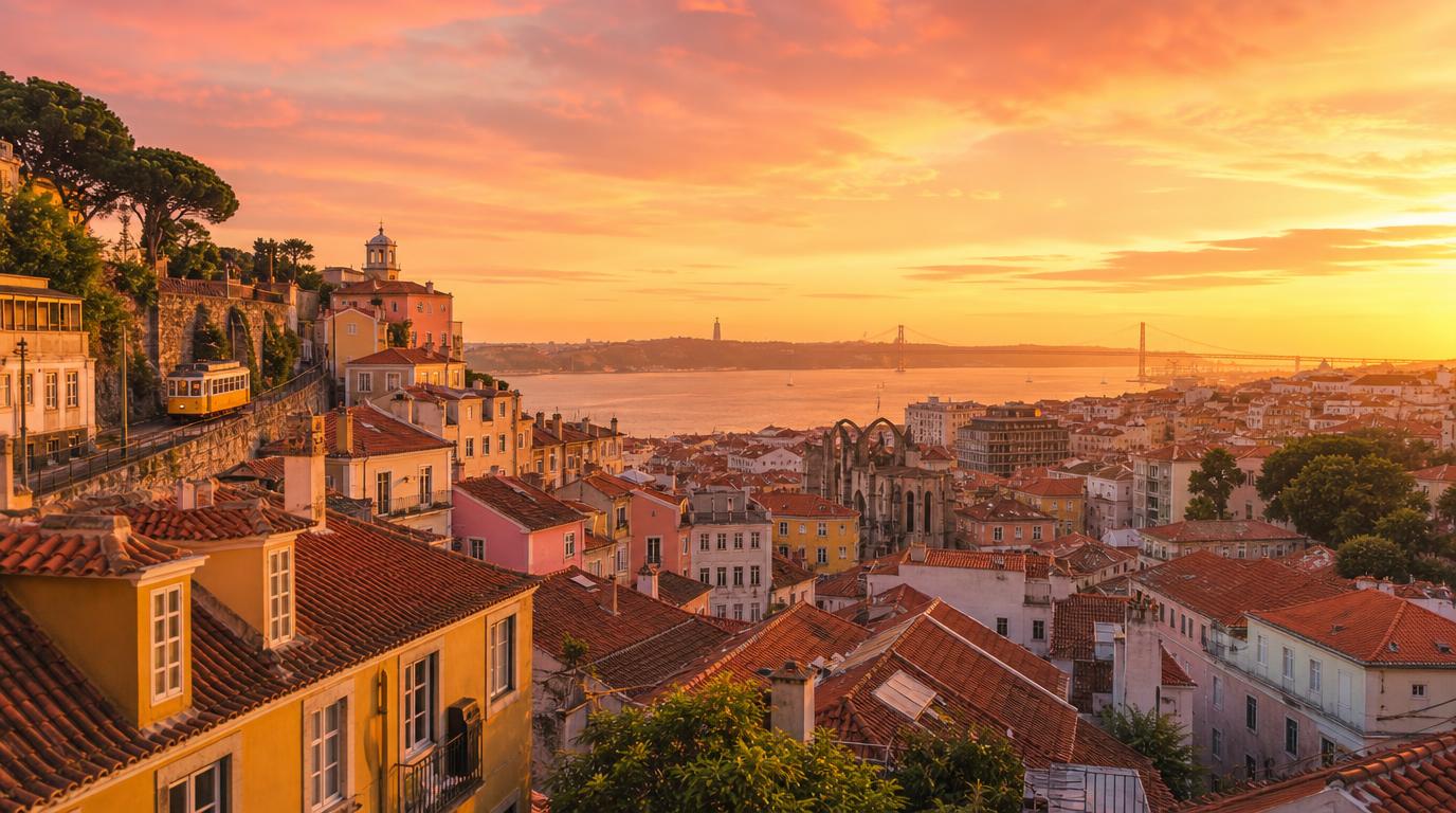 Wide golden-hour skyline shot of Lisbon's rooftops and terracotta tiles sloping down toward the Tagus river