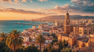 Wide golden-hour skyline shot of Malaga's coastline, the cathedral and old town rooftops in warm terracotta and sand tones