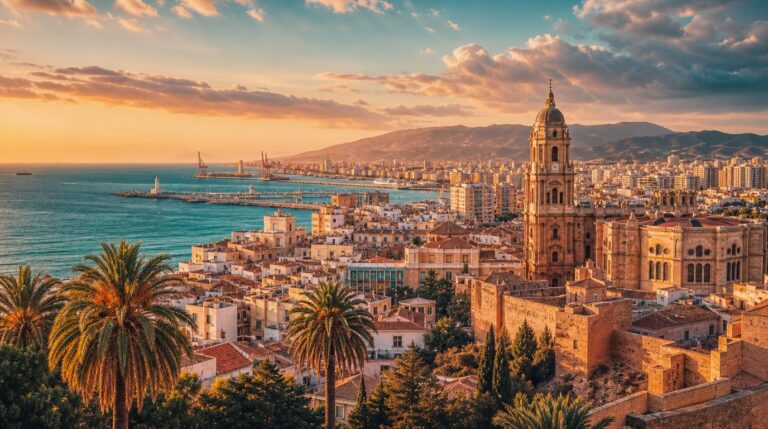 Wide golden-hour skyline shot of Malaga's coastline, the cathedral and old town rooftops in warm terracotta and sand tones