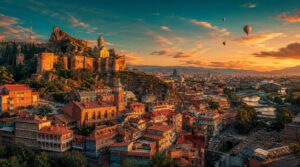 Wide golden-hour skyline shot of Old Tbilisi, the Kura river winding below Narikala Fortress on the hillside