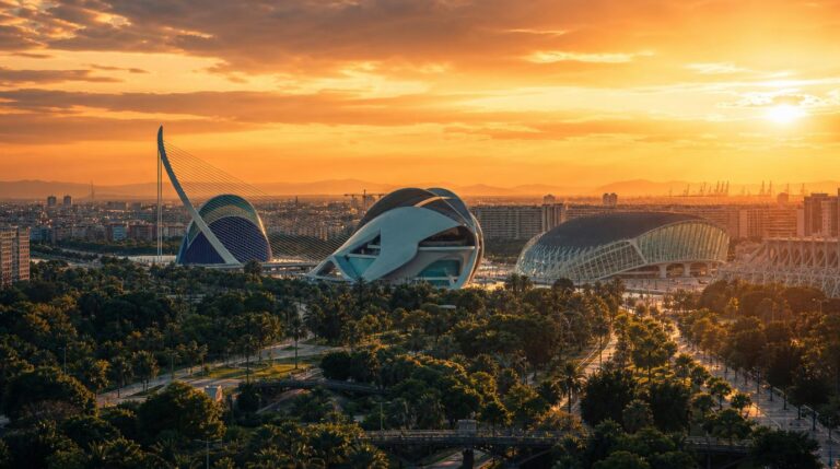 Wide golden-hour skyline shot of Valencia looking across the Turia Gardens toward the City of Arts and Sciences,