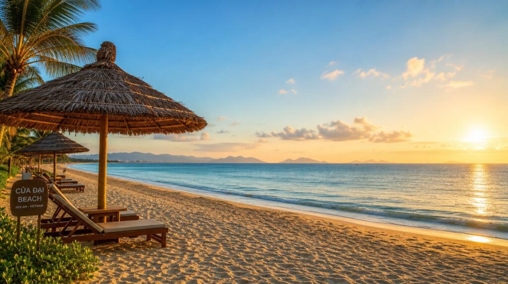 Wide landscape shot of Cua Dai Beach at golden hour, calm turquoise water, a few palm-thatched