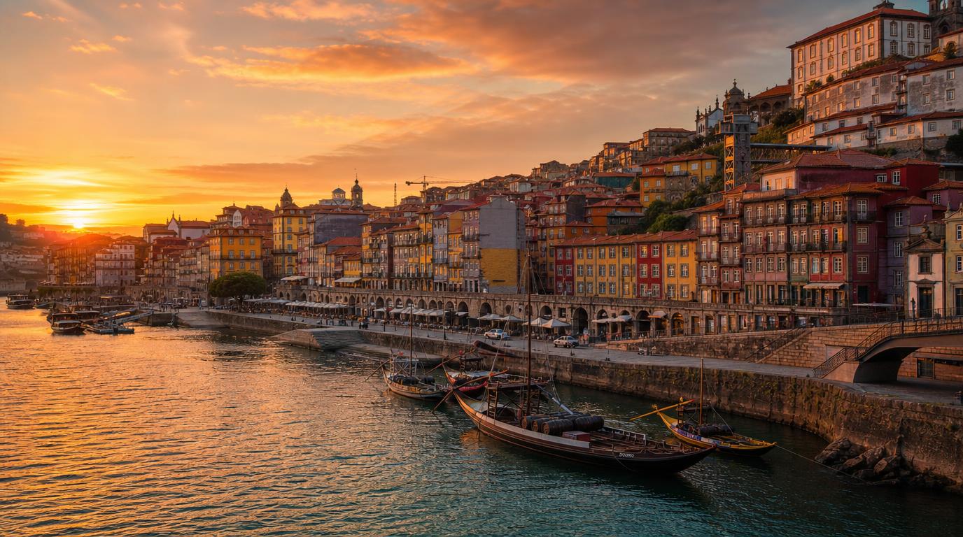 Wide landscape shot of Porto's Ribeira district at golden hour, colorful stacked houses along the Douro River