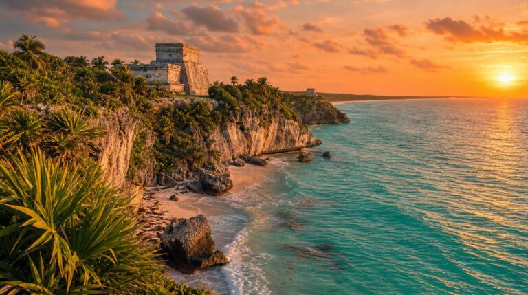 Wide landscape shot of Tulum's coastline at golden hour, turquoise Caribbean water meeting a limestone cliff edge