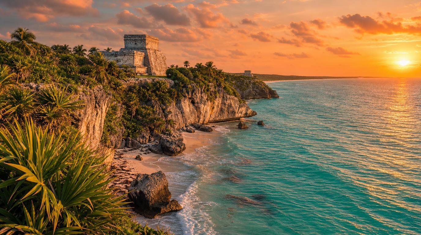 Wide landscape shot of Tulum's coastline at golden hour, turquoise Caribbean water meeting a limestone cliff edge