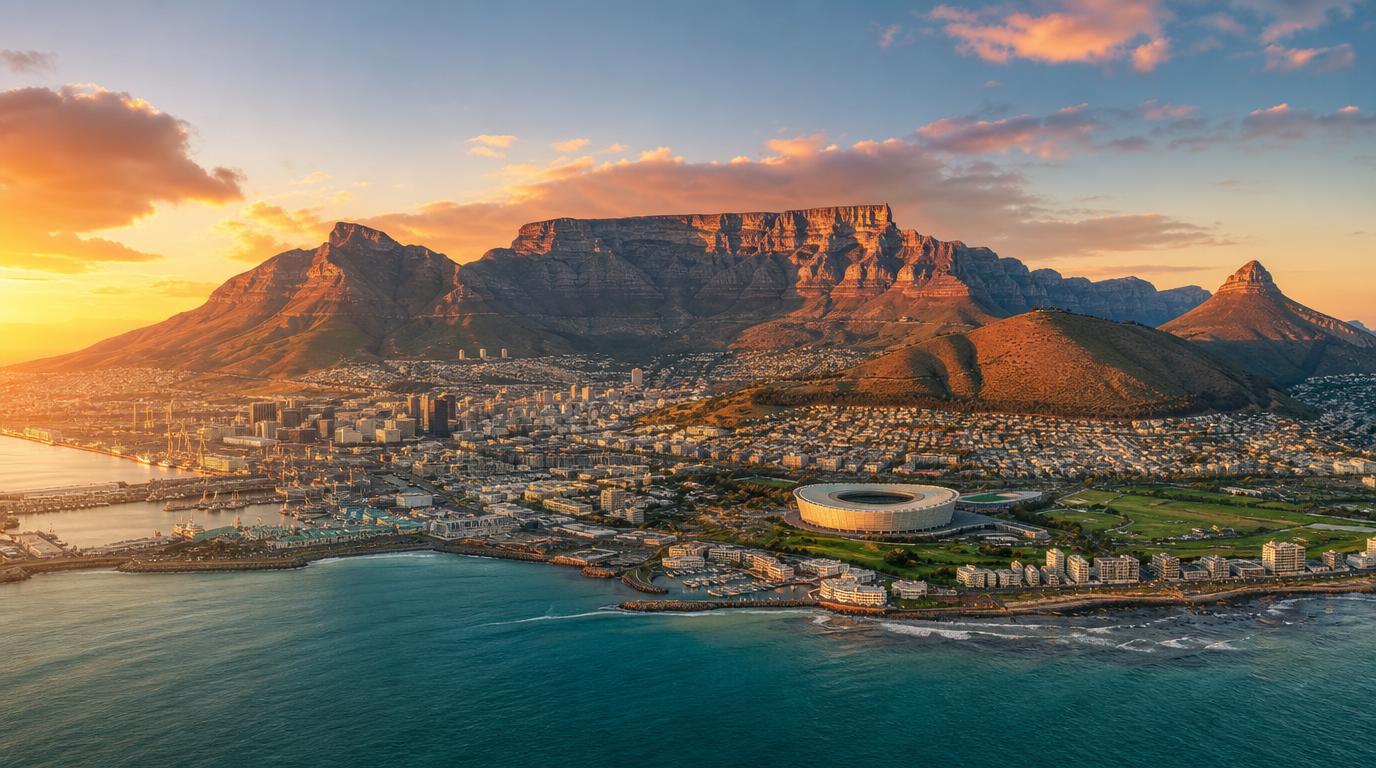 Wide skyline shot of Cape Town at golden hour, Table Mountain's flat summit catching warm coral and golden light, the city