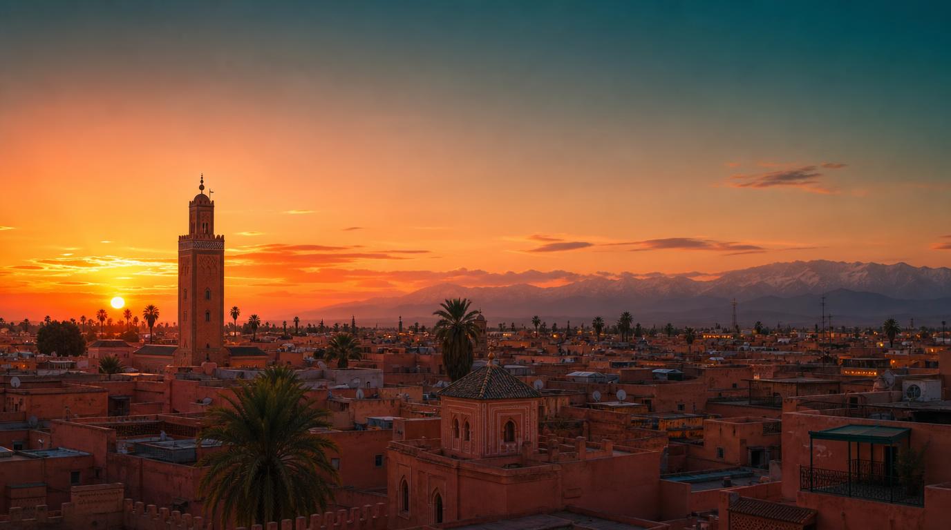 Wide sunset shot of Marrakech's terracotta rooftops and a minaret silhouette, with the Atlas Mountains faint