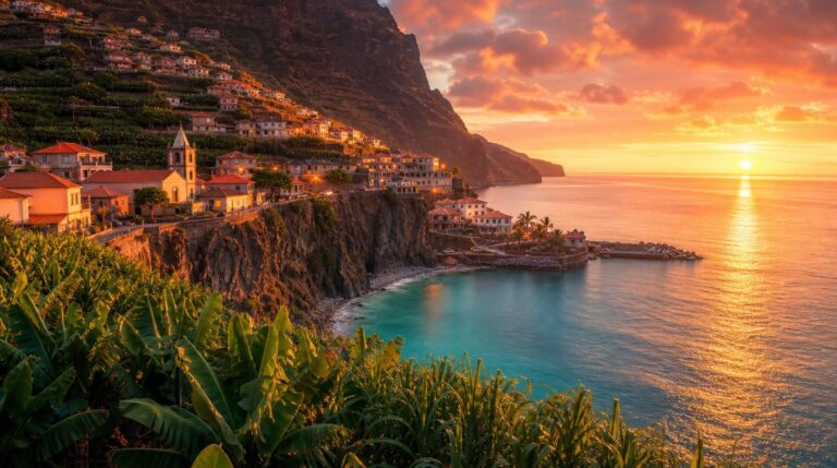 Wide sunset shot of Ponta do Sol's cliffside cove on Madeira's south coast, terracotta rooftops
