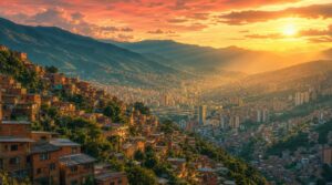 Wide sweeping view of Medellín's valley at golden hour, red-brick hillside neighborhoods cascading down