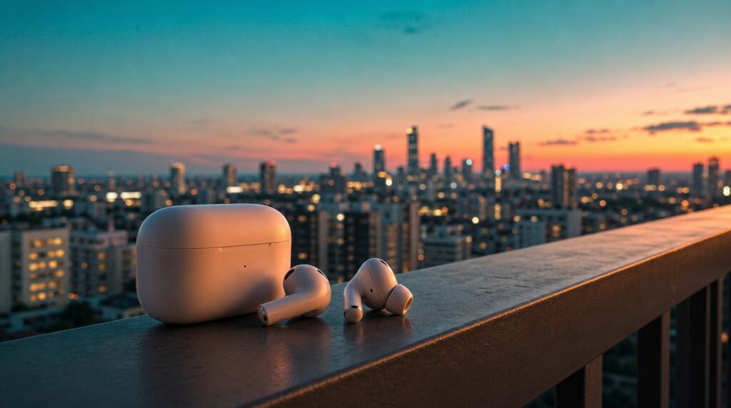 Wireless earbuds and their case resting on a balcony railing overlooking a city