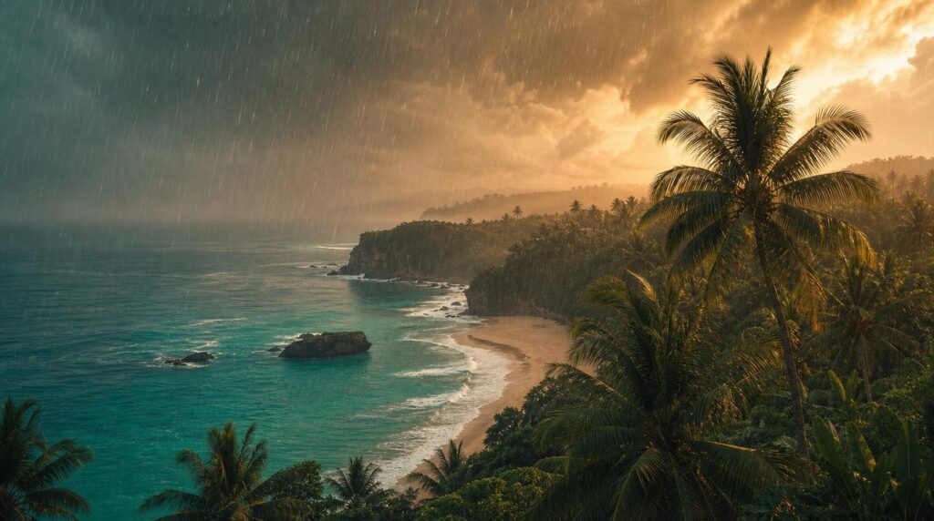 tropical rain shower over palm trees and a beach in Bali