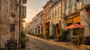 A George Town heritage street at golden hour, rows of pastel colonial shophouses with weathered shutters, a large street art