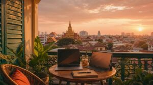 A balcony workspace at golden hour a laptop and slim portable monitor set up on a small round table on a hotel