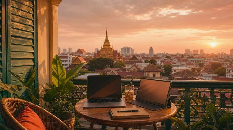 A balcony workspace at golden hour a laptop and slim portable monitor set up on a small round table on a hotel