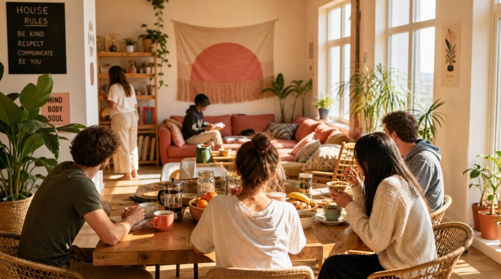 A bright coliving common room with several people at a shared breakfast table, plants and woven textiles, morning light
