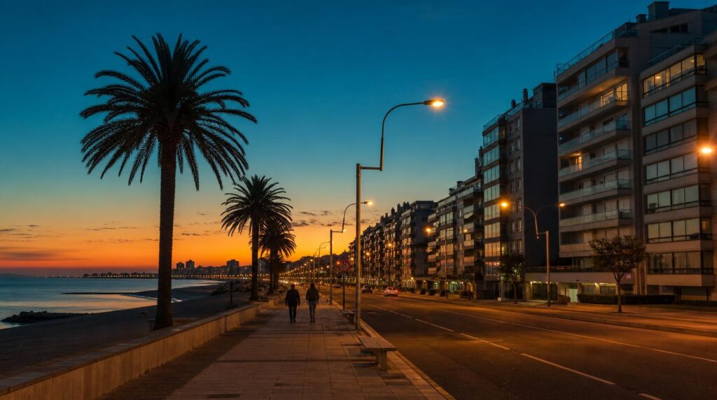 A calm evening street scene in Pocitos near the beach, streetlights just turning on, a couple of pedestrians walking at a distance
