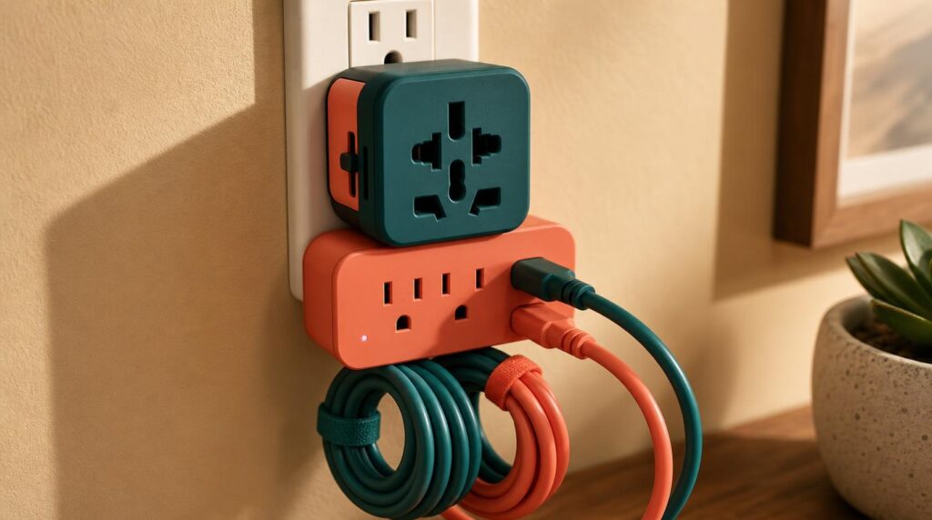 A close detail shot of a compact surge protector and a universal travel adapter plugged into a wall outlet, cables neatly coile