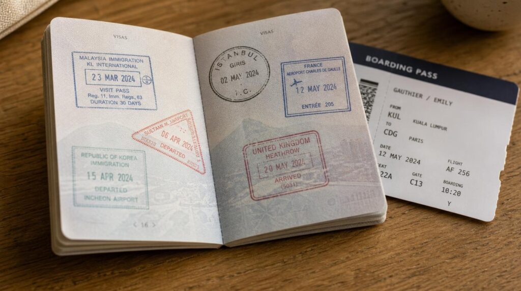 A close detail shot of a passport open to a page with several travel stamps, resting on a wooden table