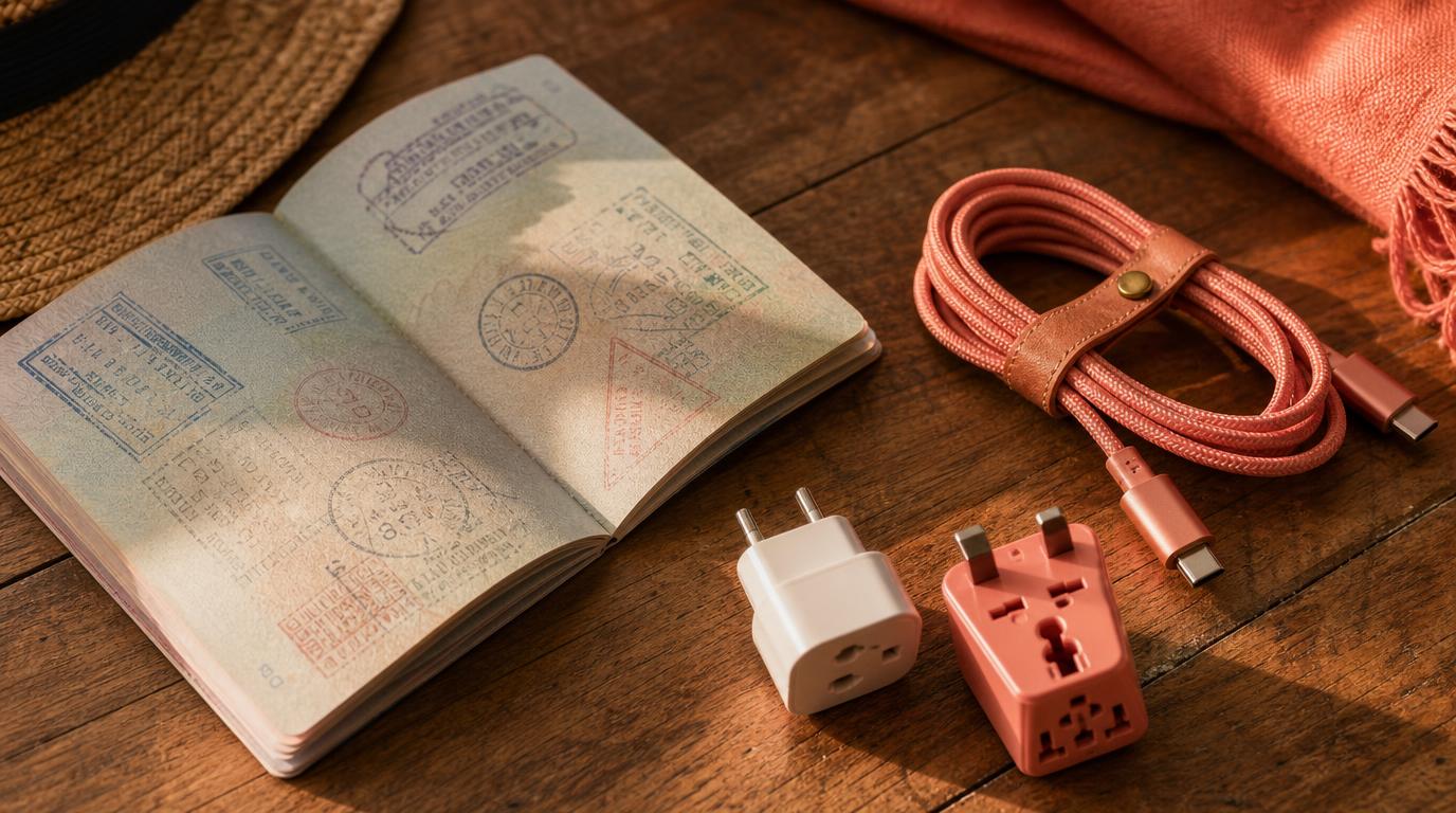 A close, textural overhead shot of an open passport, a coiled charging cable, and two travel plug adapters